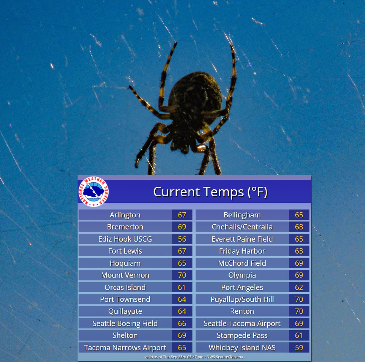 NWSSeattle's tweet photo. Lovely blue skies at NWS Seattle via this "web" cam. I knew that I could put a positive "spin" on this.
Anyway, here are the current temperatures.
#wawx https://t.co/fKAu161pUC