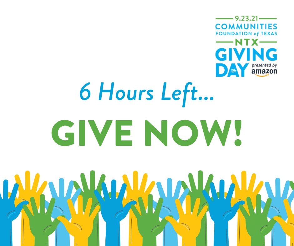 Six hours left...make sure you make your gifts before midnight! Let's see just how much good can happen when we all #BeTheGood and give today on NTX Giving Day! Click here to find a nonprofit now! bit.ly/3CCrmCZ