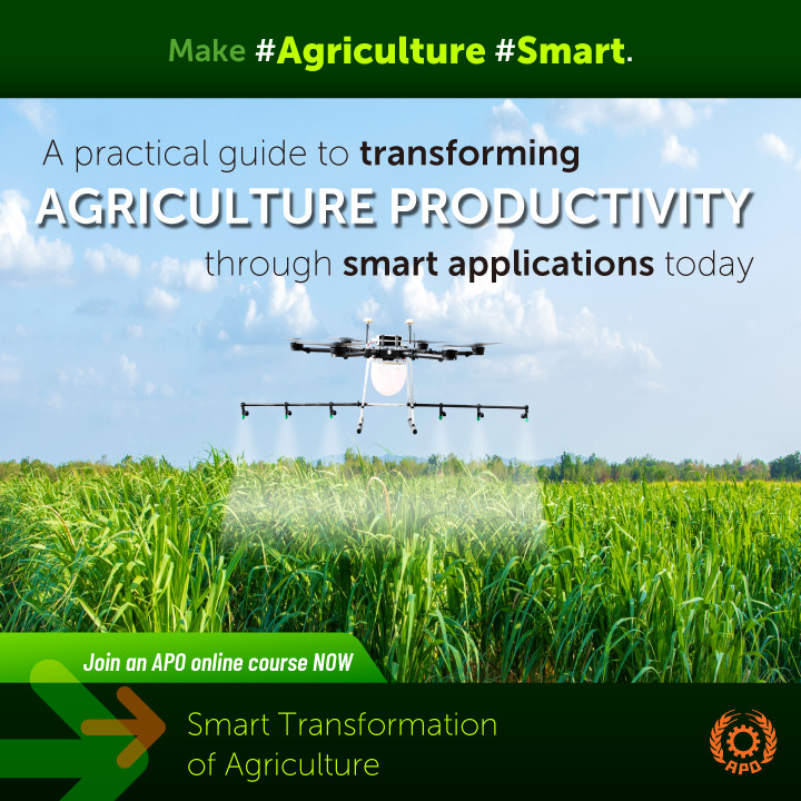TheAPONews's tweet photo. Smart technology is necessary to improve agricultural #productivity globally. This #APO course provides practical guidance while and details on achieving UN SDGs, with a focus on ending hunger and achieving food security. Learn more: https://t.co/OI1rLyTZis #APOProjects #eAPO https://t.co/S0Ok8ZC8n1