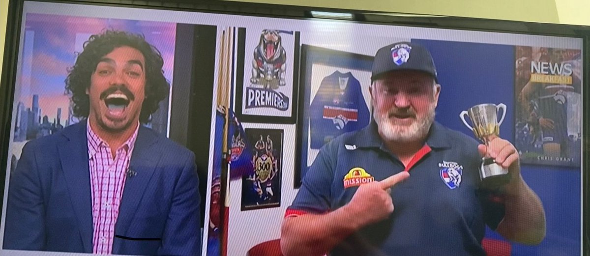 SarahJMcConnell's tweet photo. One of Broken Hill’s biggest #WesternBulldogs fans &amp; cheer squad member Mark Grose is all set for Saturday’s Grand Final. He told @Tonaaayy_  here's half a cup the full cup will come on Saturday night  @AFL @BreakfastNews @BulldogsW @abcsport #ABCBrokenHill https://t.co/lW83ml6QxW
