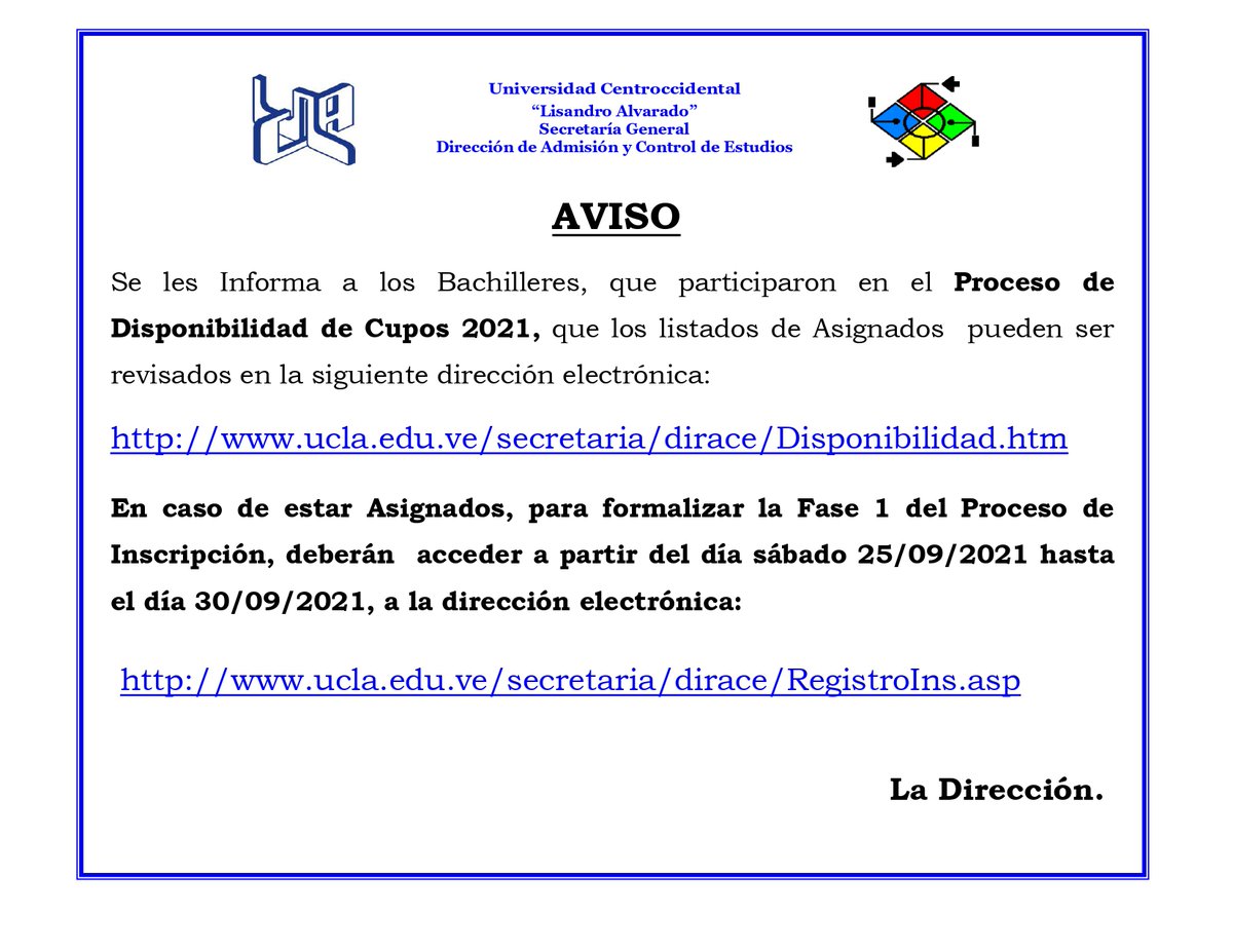 SecretariaUCLA's tweet photo. La Dirección de Admisión y Control de Estudios de la UCLA informa la reanudación del Proceso de Disponibilidad de Cupos 2021
@UCLAve 
@uclaedumedia 
@opsuVzla https://t.co/ovNFO7oO98