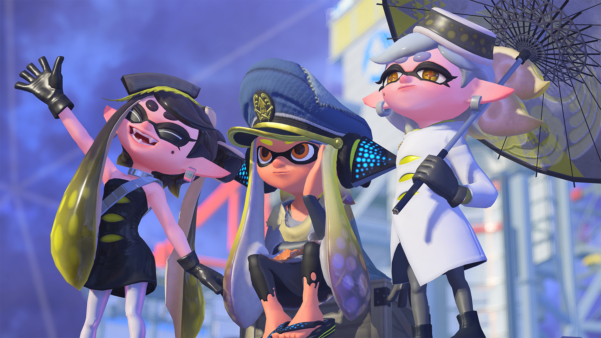 Splatoon スプラトゥーン 彼らは人知れず悪いタコ軍団に立ち向かう New カラストンビ部隊 向かって左のおさげ髪が 1号 向かって右の髪を結い上げているのが 2号 中央の帽子をかぶったイカが 司令 と呼ばれている その正体は謎に包まれて