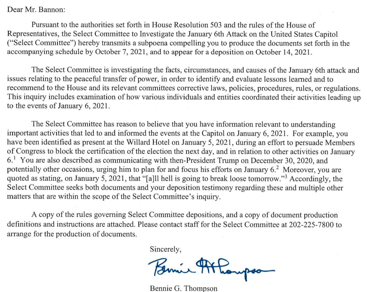 GregTSargent's tweet image. News:

The 1/6 select committee just dropped subpoenas on Mark Meadows, Steve Bannon, Dan Scavino, and Kashyap Patel, a senior Defense official.

All were apparently either with Trump on 1/6, or talked to him in the runup to it, or helped plan the effort to overturn the election: