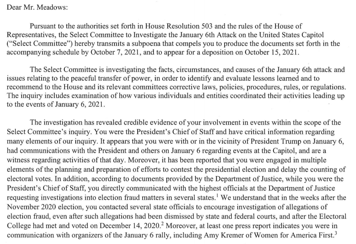 GregTSargent's tweet image. News:

The 1/6 select committee just dropped subpoenas on Mark Meadows, Steve Bannon, Dan Scavino, and Kashyap Patel, a senior Defense official.

All were apparently either with Trump on 1/6, or talked to him in the runup to it, or helped plan the effort to overturn the election: