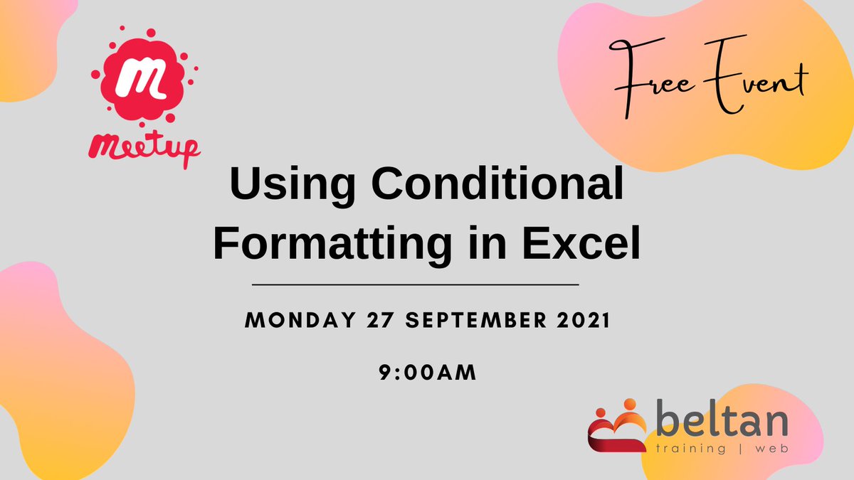 FREE Event (Australia): Using Conditional Formatting in Excel. 27 Sept 9am (AST). See how to use conditional formatting to highlight dates, sales values or text data in your worksheets. Q&amp;A session. Register meetup.com/Macarthur-Micr…
#Excel #Meetup #MicrosoftExcel #DataAnalysis