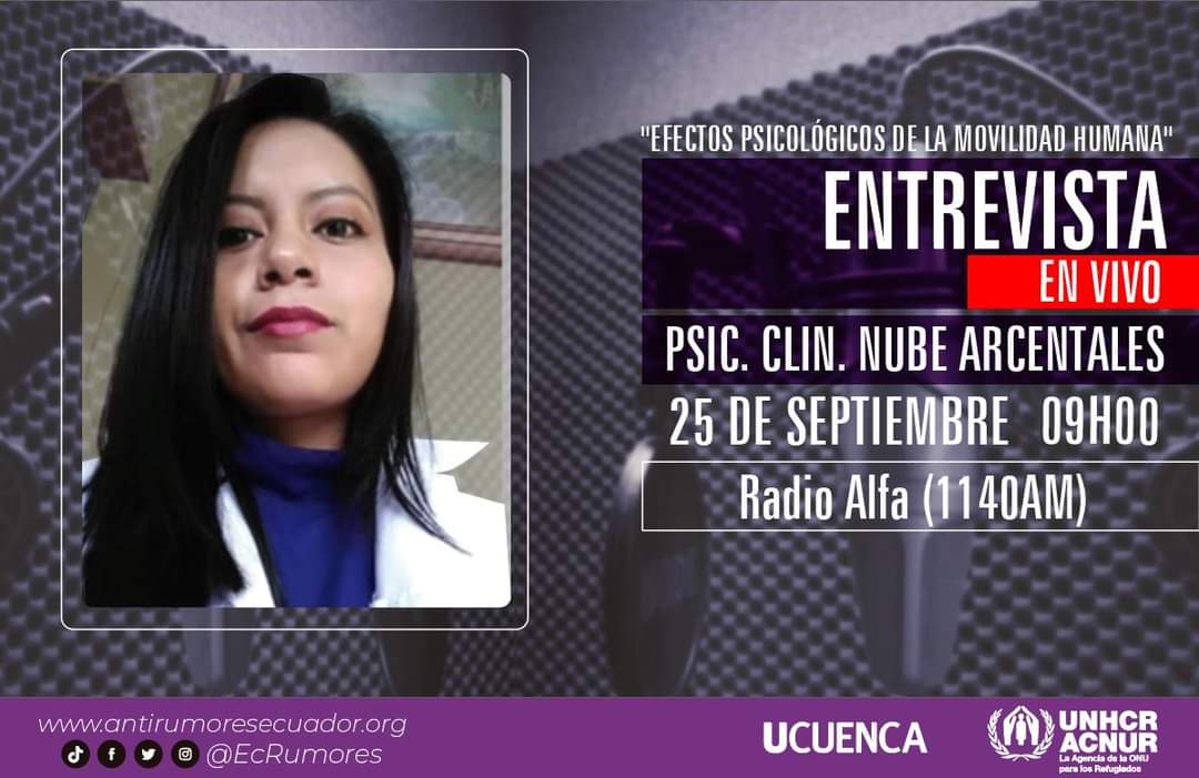 EcRumores's tweet photo. Este 25 de septiembre nuestra compañera del Programa de Formación de Agentes Sociales Antirumores, Psic. Clin. Nube Arcentales estará en el programa #Audiciones para la Vida  de Radio Alfa 1140 AM  a las 9h00 a.m., tratando el tema: 
"Efectos psicológicos de la movilidad humana". https://t.co/9O5CvyWGxS