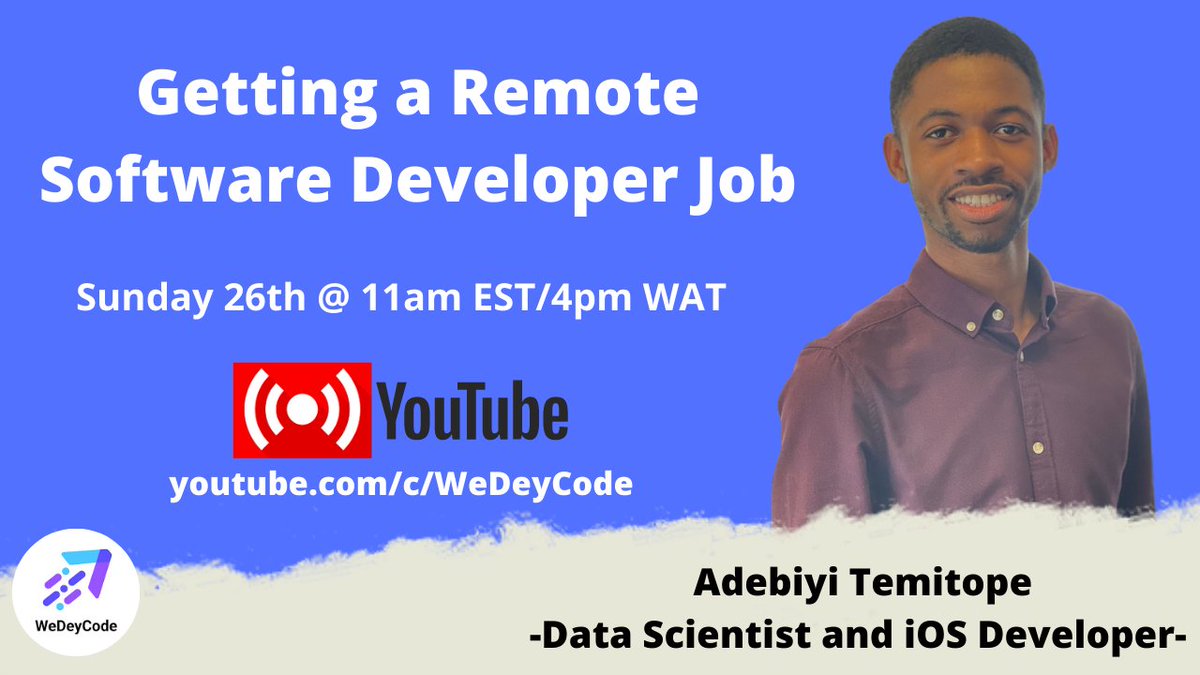 wedeycode's tweet image. Remote software developer jobs are all the craze! Join our livestream this Sunday to learn how to get yours.
Subscribe to our YouTube channel -> bit.ly/3kDlP8Y
#WeDeyCode #coding #remotework #remotejobs #DEVCommunity #techtwitter