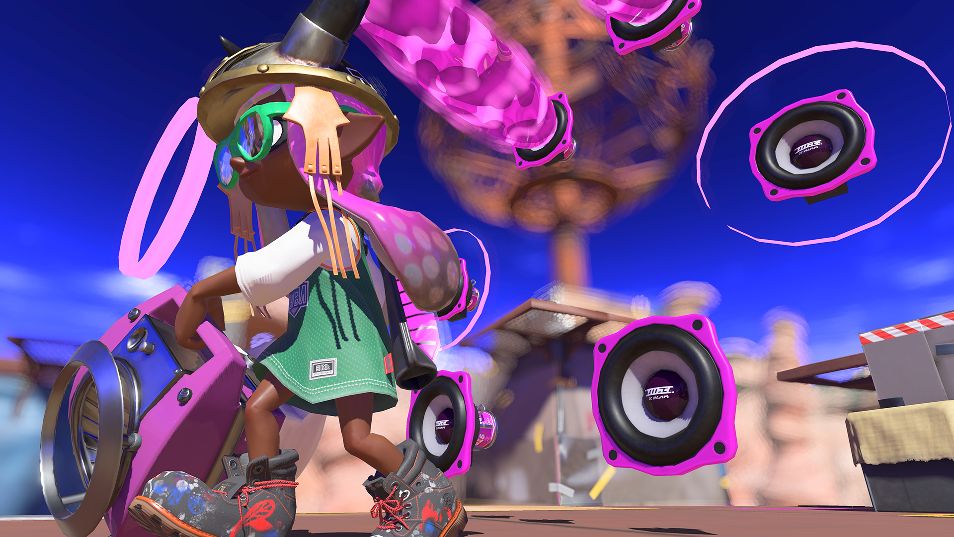 Splatoon スプラトゥーン これは メガホンレーザー5 1ch これもハイカラシティで使われていたスペシャルウェポンの改造品のようだ 浮遊する6基の小型メガホンがそれぞれ自律し 相手を追尾するレーザーで攻撃するぞ バンカラ地方ではハイテク