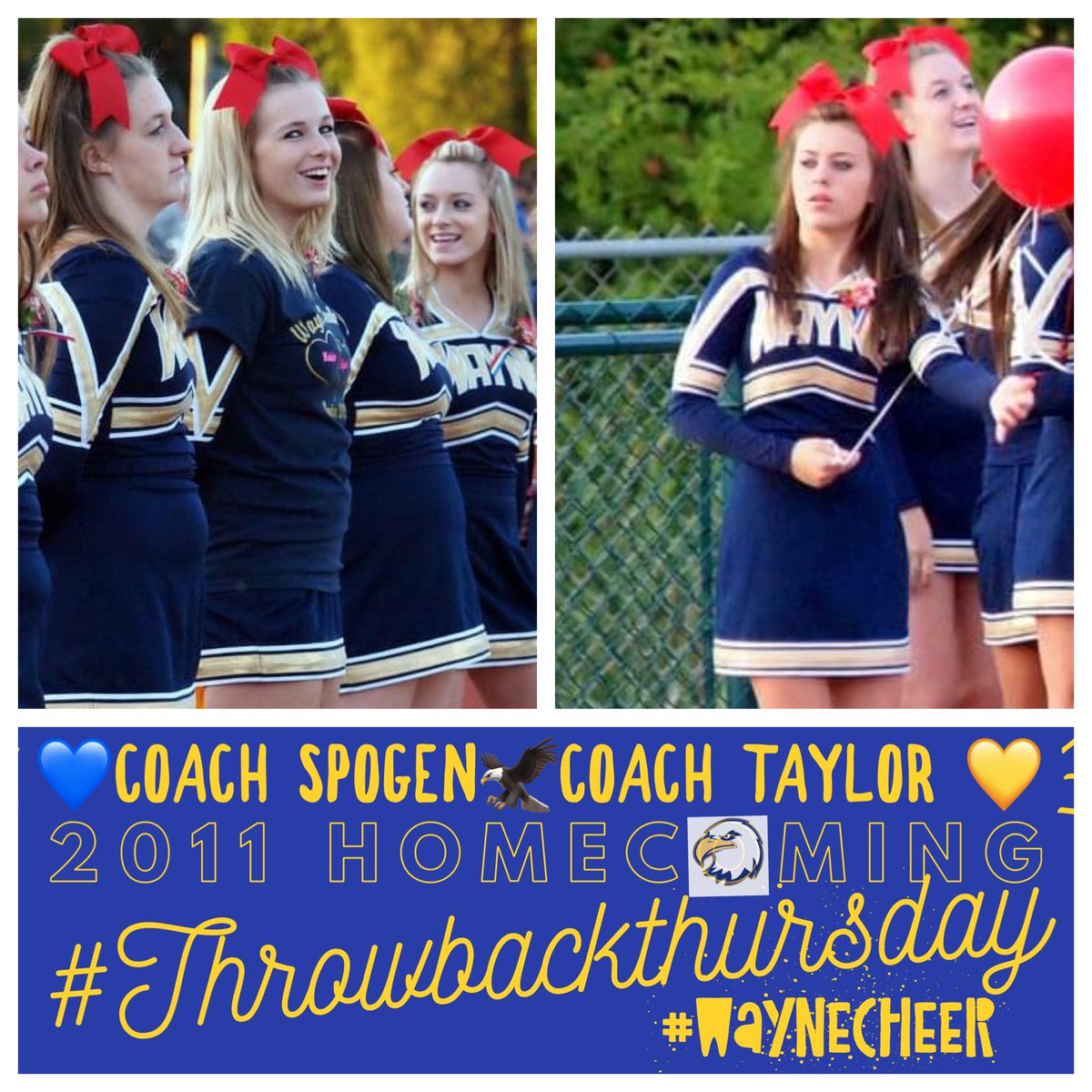 CheerWayne's tweet photo. You know what day it is… it’s #throwbackthursday 💙💛 We are so lucky to have Coach Spogen &amp; Coach Taylor as our Varsity coaches ! #waynecheer @WCSD_Athletics https://t.co/EU9ZpmFC7P