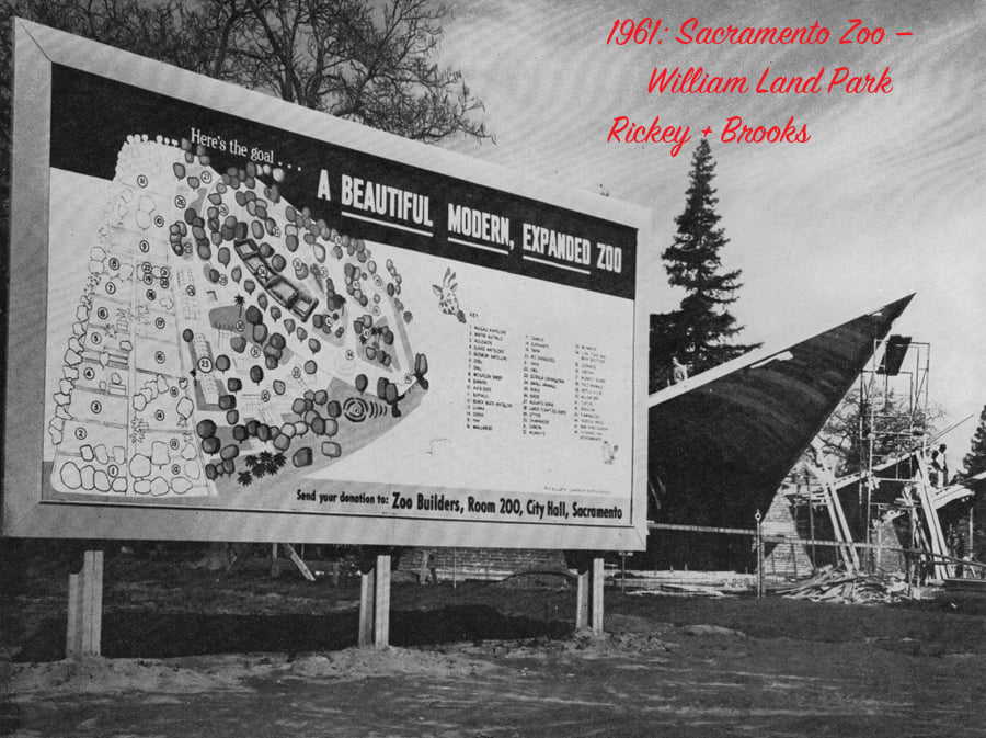 SacMod's tweet image. Meet the "Gateway to the Sacramento Zoo!”
• 1961: Kenneth Charles Rickey, AIA and designer Fred E. Brooks.
• 60 years old; "Googie" mid-20th century architectural style.
• Three concrete shell hyperbolic paraboloids, designed with twisted geometric planes.