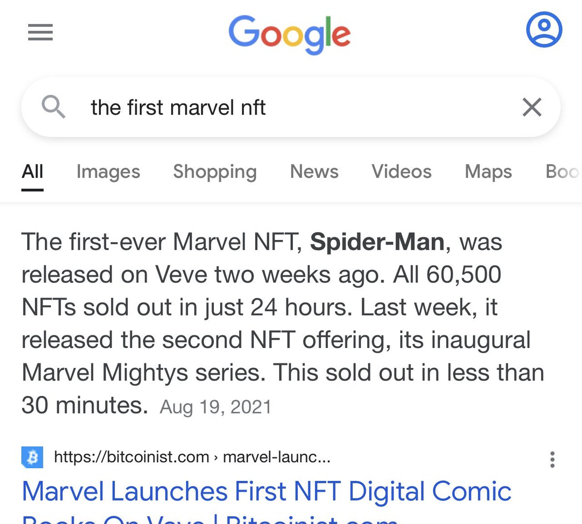 Northbaysparky's tweet photo. @eltonjock @DappRadar @Marvel @veve_official You tell that to Google lol https://t.co/nOme93bqJy