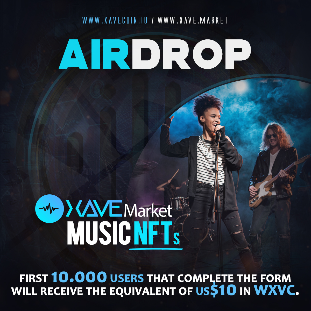 We are celebrating🥳so... #AIRDROP!
We are very happy to launch our Xave #NFT #Marketplace of Music &amp; Digital Art! 

First 10.000 that complete the following form in will be awarded with the equivalent of US$10 in WXVC!: bit.ly/2XYzZci

Retweet and celebrate with us!🚀🚀