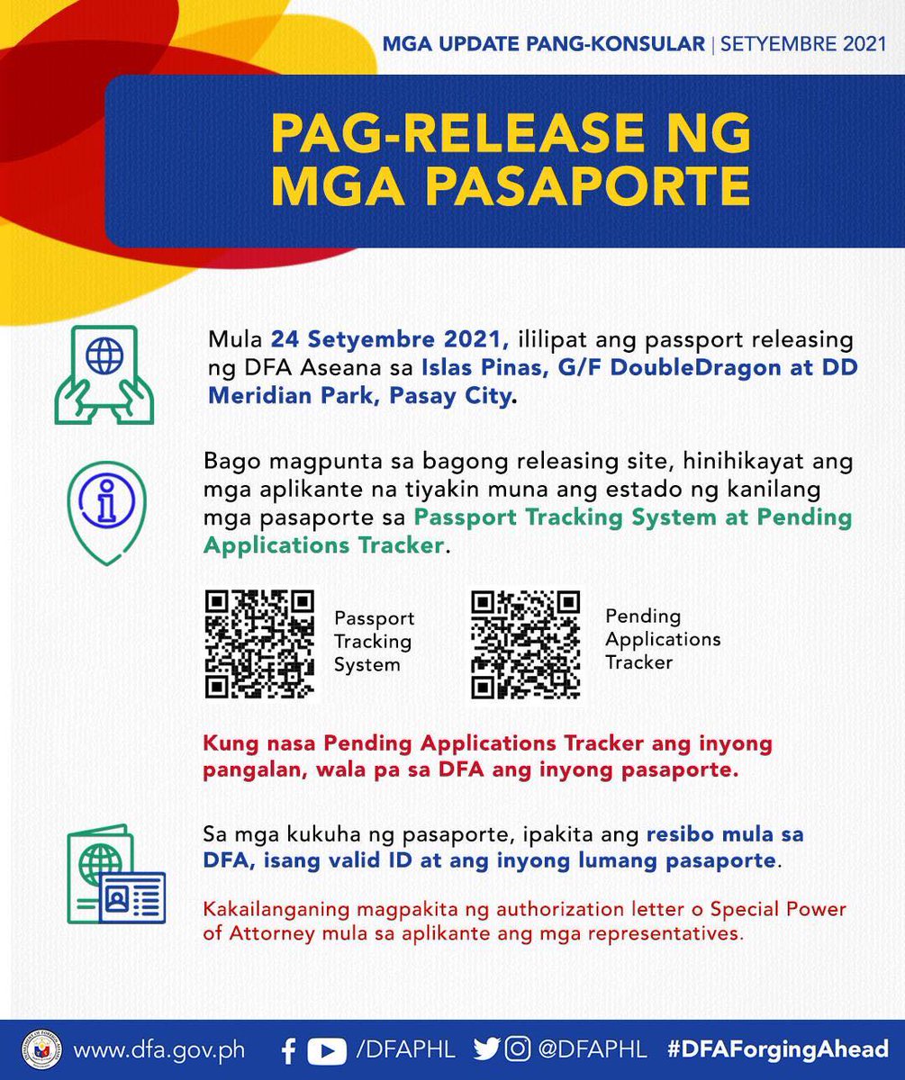 DFAPHL's tweet photo. #ConsularUpdate: Check this infographic for concerns about passport releasing.
Read here for more info on DFA’s efforts to ease public inconveniences in the time of pandemic 👉🏻https://t.co/zTKQVVEocx
#DFAForgingAhead https://t.co/2szbdqVK1t