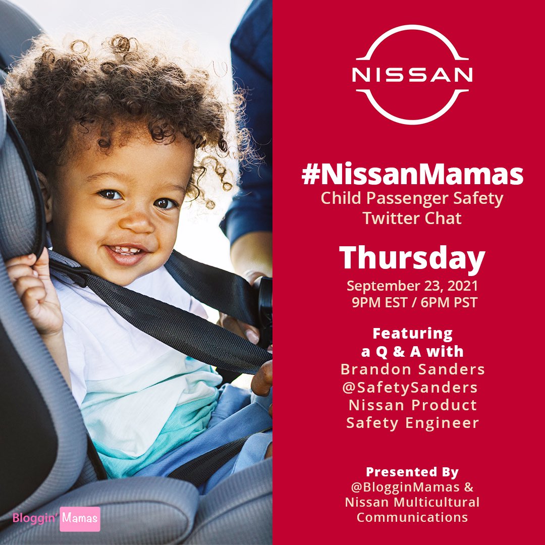 Join me and @BlogginMamas for the #NissanMamas Safety Twit­ter Chat TONIGHT at 9p ET! Join us as we discuss child passenger safety tips with Brandon Sanders, Product Safety Engineer, Nissan North America. Lots of info + $375 worth of prizes!
RSVP:  bit.ly/nissanmamascha…