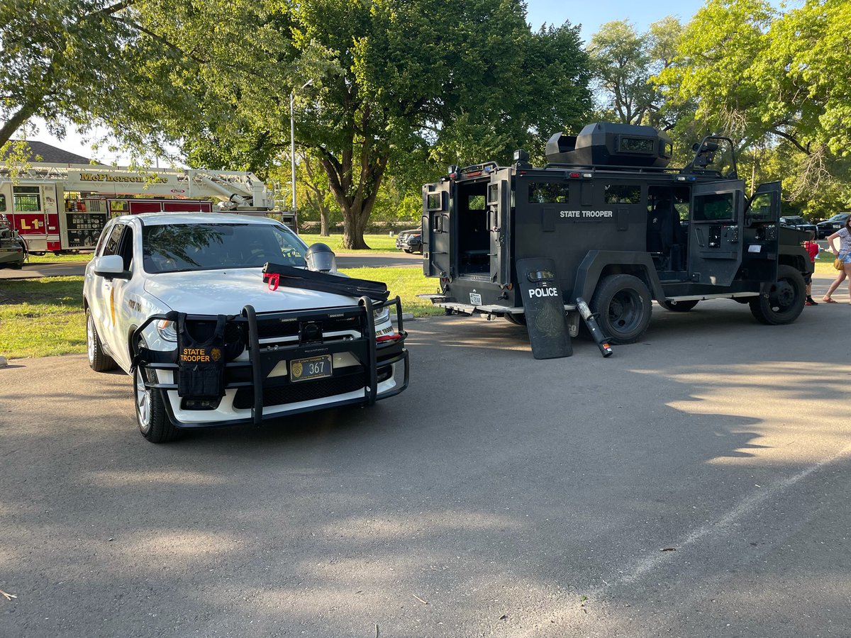 TrooperBenKs's tweet photo. Several of our @kshighwaypatrol Troopers are out in McPherson for First Responders Night in McPherson. 

Great job Malo, Rust and Fleming! https://t.co/1cFHlqFizx