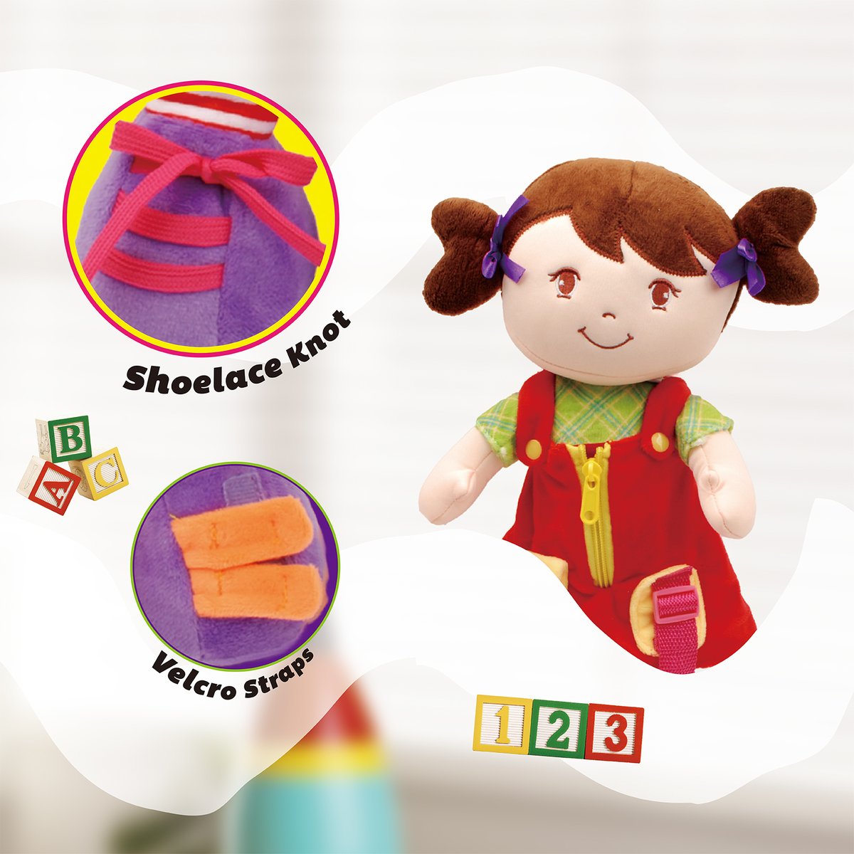 LinzyToysInc's tweet photo. INTERACTIVE: Adorable plush Doll comes with clad, a removable outfit packed with closures-perfect for testing a little one's growing problem solving and motor skills. https://t.co/i51bv5w9Lb