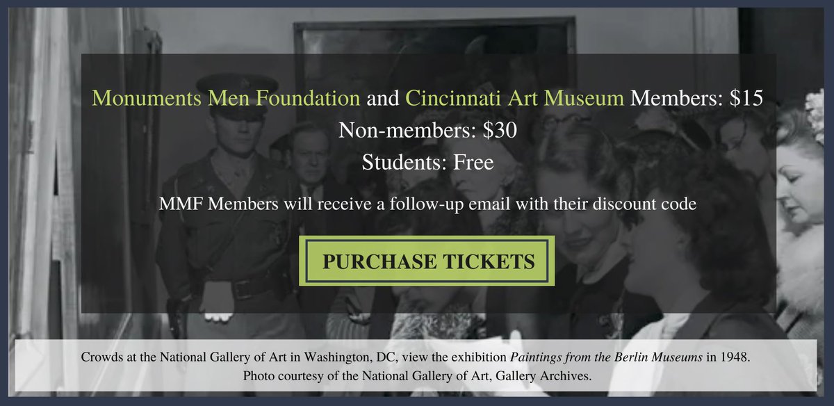 MonumentsMWfnd's tweet photo. The Cincinnati Art Museum is part of the Monuments Men and Women Museum Network and is offering ticket discount to all #MonumentsMenFoundation members. Thank you @cincyartmuseum! https://t.co/qiN2hsGmPI
