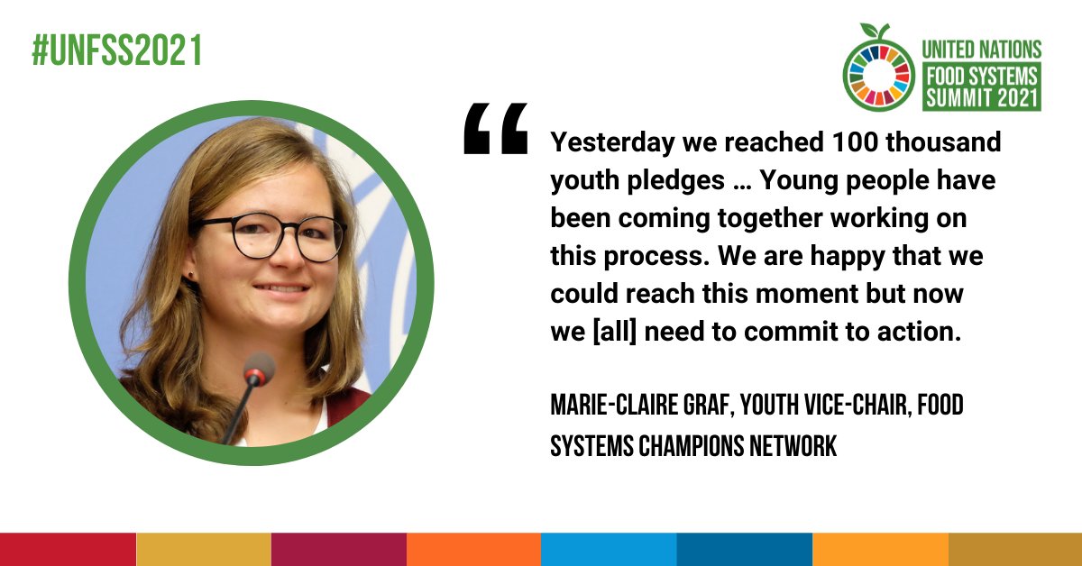 An amazing 100,000 pledges from youth - the leaders of today and tomorrow. 

Make your pledge to transform our #FoodSystems and celebrate #UNFSS2021 👉 bit.ly/3AAg0Pp.

#Act4Food #Act4Change