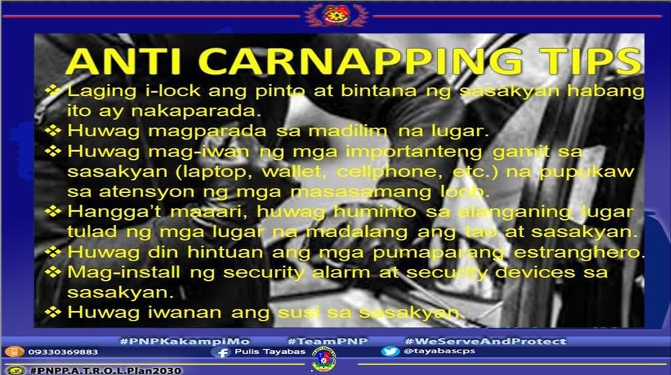 tayabasin1's tweet photo. #AntiCarnappingTips
#IntensifiedCleanlinessPolicyinCommunity
#CPNPGeneralEleazar
#CPNPGuillermoEleazar
#TeamEli: Effective Leadership with Integrity
#TeamEC: Engaging our Community
#TeamPROCALABARZON
#PulisNgPilipino
#ArangkadaPulisCALABARZON
#ToServeandProtect
#PulisMagiting https://t.co/6rCNc6XM76