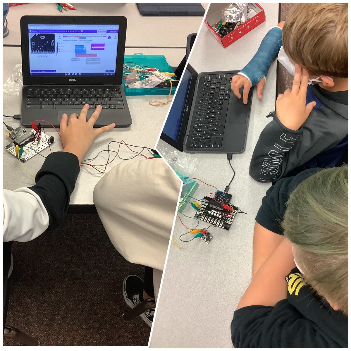 CoalRidgeMS's tweet photo. Technology students working together and learning all about hardware and software integration in our Sensor Immersion Unit as part of the School Wide Labs program with CU! @CrystalUlander @CU_ICS @NSF_iSAT @bush_jeff @sparkfun @microbit_edu @areitzig @SVVSDsupt @SVVSDdeputy https://t.co/YNdO3EnEZT