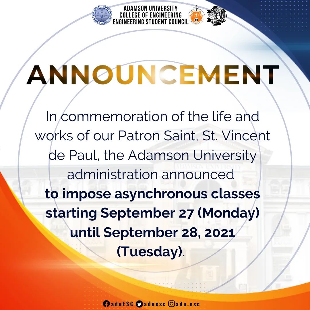 aduesc's tweet photo. #ESConnect
There will be no synchronous classes this upcoming September 27 to September 28, 2021.
This is a great opportunity to finish all your unfinished activities and take a rest, klameyts!
Please be guided accordingly. Thank you!
#OneCOE
#ESCalate https://t.co/D2FO72Z7ov