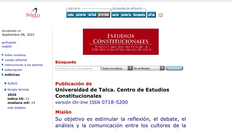 Nos complace informarles que el Vol. 19 Nº 1 de la Revista Estudios Constitucionales del Centro de Estudios Constitucionales de Chile, se encuentra disponible para su consulta en el siguiente vínculo: 
scielo.cl/scielo.php?scr…

Los invitamos a que visite el sitio web.