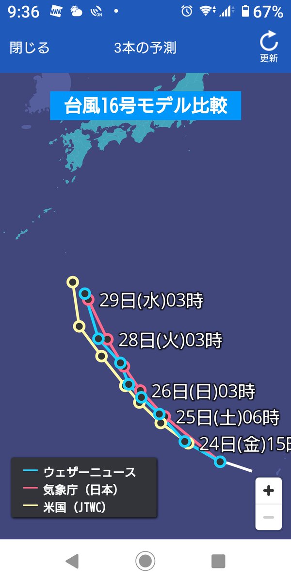 にゃおん On Twitter 台風16号の進路予想 ３本 気象庁 Weathernews 米国海空軍台風センター の予測進路 世界の予測乗せときます 海水温は高いから 台風が今後発達する可能性あるね 台風16号