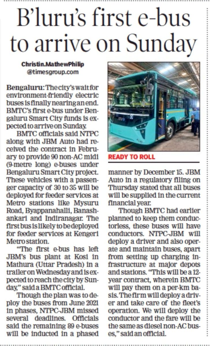 ChristinMP_'s tweet photo. Bengaluru's first e-bus to arrive on Sunday @BMTC_BENGALURU @BLRSmartCity_MD @JBMAuto @ntpclimited https://t.co/V6aaFnHDsf