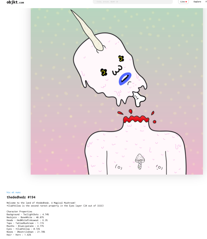jaminb12's tweet photo. Just posted this #DedHed #194 "A magic mushroom" posted for 64 XTZ. 3x rare features:
Hair: "Horn" 1.62%
Top: "TattoosMushroom" 1.11%
Eyes: "*ClubYellow" 0.72%
*ClubYellow is 2nd rarest in the Eyes layer (24/3333) @Audric_tez @thededhedz @MackTezos
https://t.co/7E3EUNJmdj https://t.co/RICFBaUtno