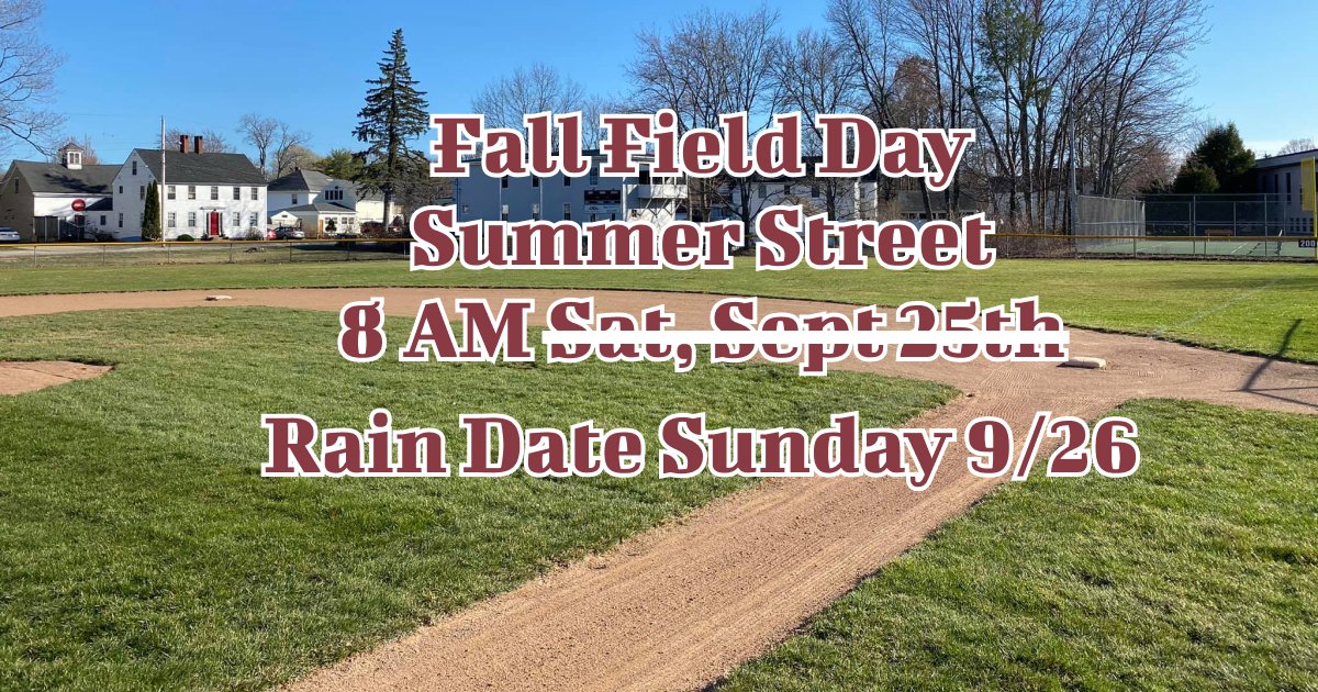 Saco_LL's tweet photo. ***Update - Rain Date Sunday, Sept 26th. ***
Join us this Sunday at 8am at the Summer St. Field for a fall clean-up. 
Looking for volunteers to bring additional leaf blowers, rakes, weed whackers, and wheelbarrows to help get it done faster.  #volunteer #takesavillage #thankyou https://t.co/RhhgSTOZ6p