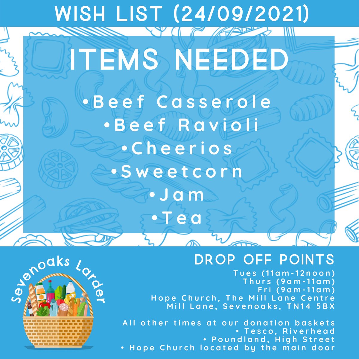 Every week we post a list of the items we most need donating. Here is this week’s list. 
.
Thank you to everyone who supports us!
.
#sevenoaks #foodbank #endfoodinsecurity #sevenoakscommunity #sevenoaksfoodbank #endhunger #community #sevenoakslarder