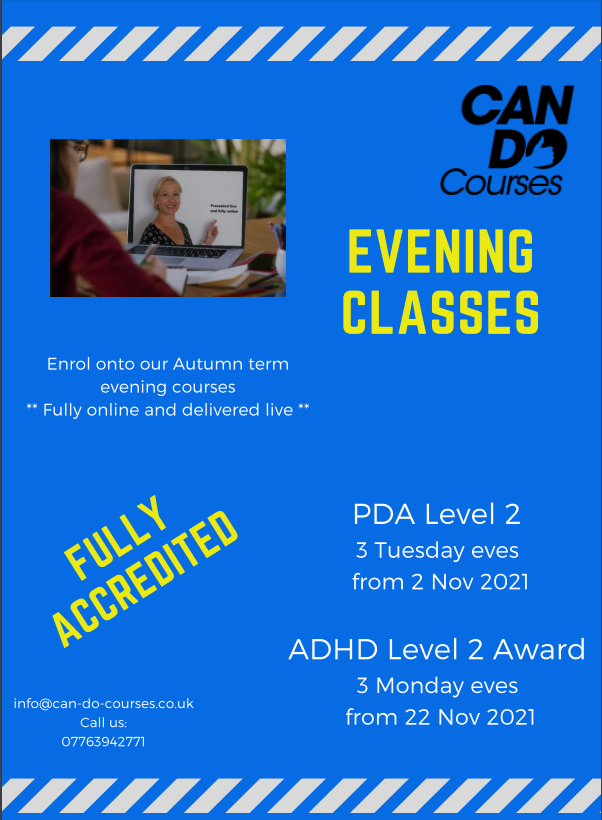 Our two fantastic <a href="/OCNLondon/">OCN London</a>  Level 2 evening classes are open for enrolment, with #earlybird discount until 18 October.  Details on the website ow.ly/ABhi50GekaB #PDA #ADHD <a href="/UkSenco/">SENCOInUK</a> <a href="/sencochat/">SENCO Chat Network</a>  #ukfechat #ukedchat  #PDA #ADHD #teachers #TA #LSA