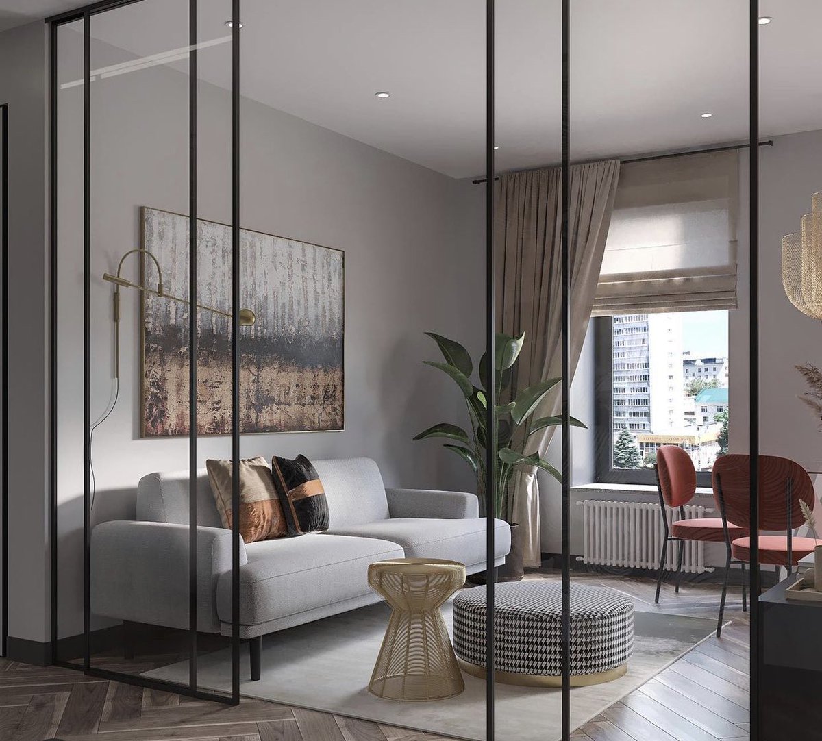 parlak_design's tweet photo. Evlerde oturma odası gibi bölümlerin cam bölme ile ayrılması hem koridoru kısaltıyor, hem de doğal ışığı artırıyor✨ Separating sections such as the living room with a glass partition both shortens the corridor and increases natural light🪐 #design #tasarım #architect #mimar https://t.co/Ljd3cpZC4S
