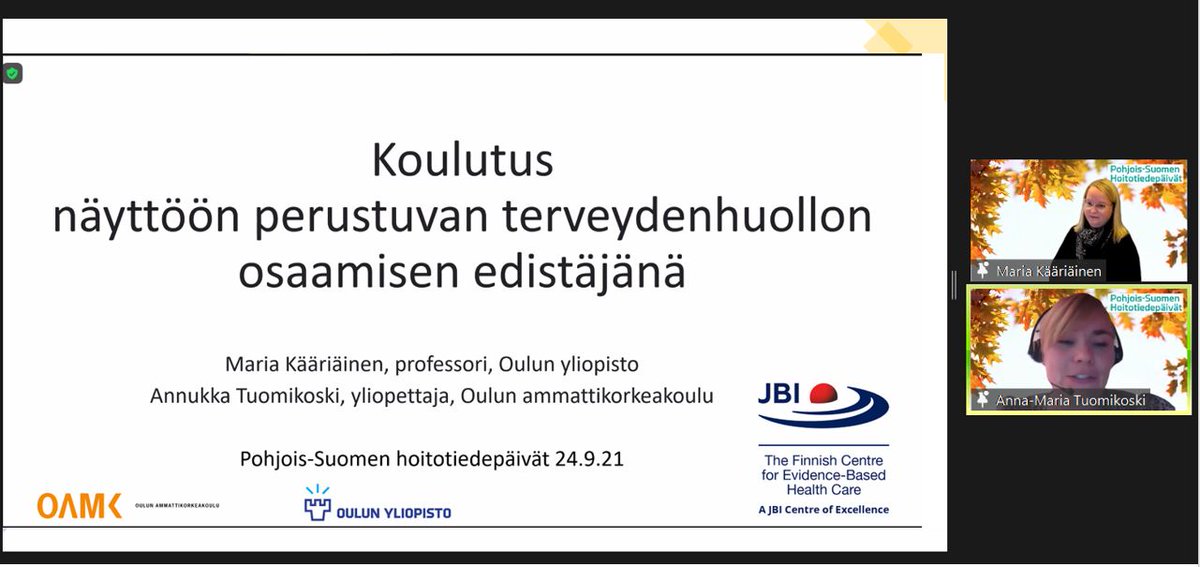 Health Sciences and Technology - Oulu (@hst_oy) on Twitter photo Toinen Pohjois-Suomen hoitotiedepäivien konferenssipäivistä startattu! Ensimmäisinä puhujina tänään meillä on <a href="/KaariainenMaria/">MariaKääriäinen</a> ja <a href="/Tuomiko1Annukka/">Annukka Tuomikoski</a> aiheella Koulutus näyttöön perustuvan terveydenhuollon osaamisen edistäjänä. #PSHTP #PSHTP2021 #PSHTP21 #Hoitotiedepäivät Toinen Pohjois-Suomen hoitotiedepäivien konferenssipäivistä startattu! Ensimmäisinä puhujina tänään meillä on <a href="/KaariainenMaria/">MariaKääriäinen</a> ja <a href="/Tuomiko1Annukka/">Annukka Tuomikoski</a> aiheella Koulutus näyttöön perustuvan terveydenhuollon osaamisen edistäjänä. #PSHTP #PSHTP2021 #PSHTP21 #Hoitotiedepäivät
