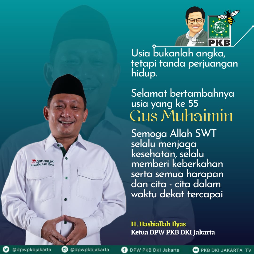 DPWPKBJAKARTA's tweet photo. Keluarga Besar DPW PKB DKI Jakarta, mengucapkan

Selamat Ulang Tahun ke-55 @cakimiNOW Ketua Umum @DPP_PKB

Semoga selalu diberi keberkahan dlm memimpin. Kta doakan Gus Muhaimin di tahun 2024 Menjadi Presiden Republik Indonesia.
#HarlahGusMuhaimin

@hasbipkb @fpkbdki @EmHasanuddin https://t.co/GJlDp3PWCu
