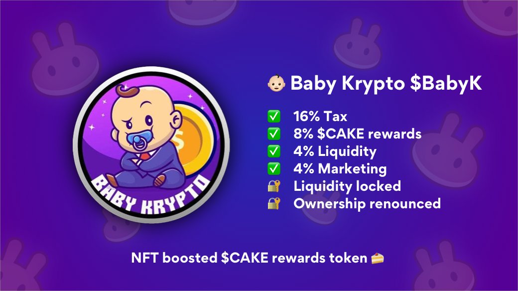 🚨 BabyKryptoBSC Update 🚨

Going forward we've decided to make some changes for the better of our community:

✅ Exclusively $CAKE rewards (remember to stake 😉)
✅ Ownership renounced 
✅ Audit pending with new updates above

📣 Let's go!