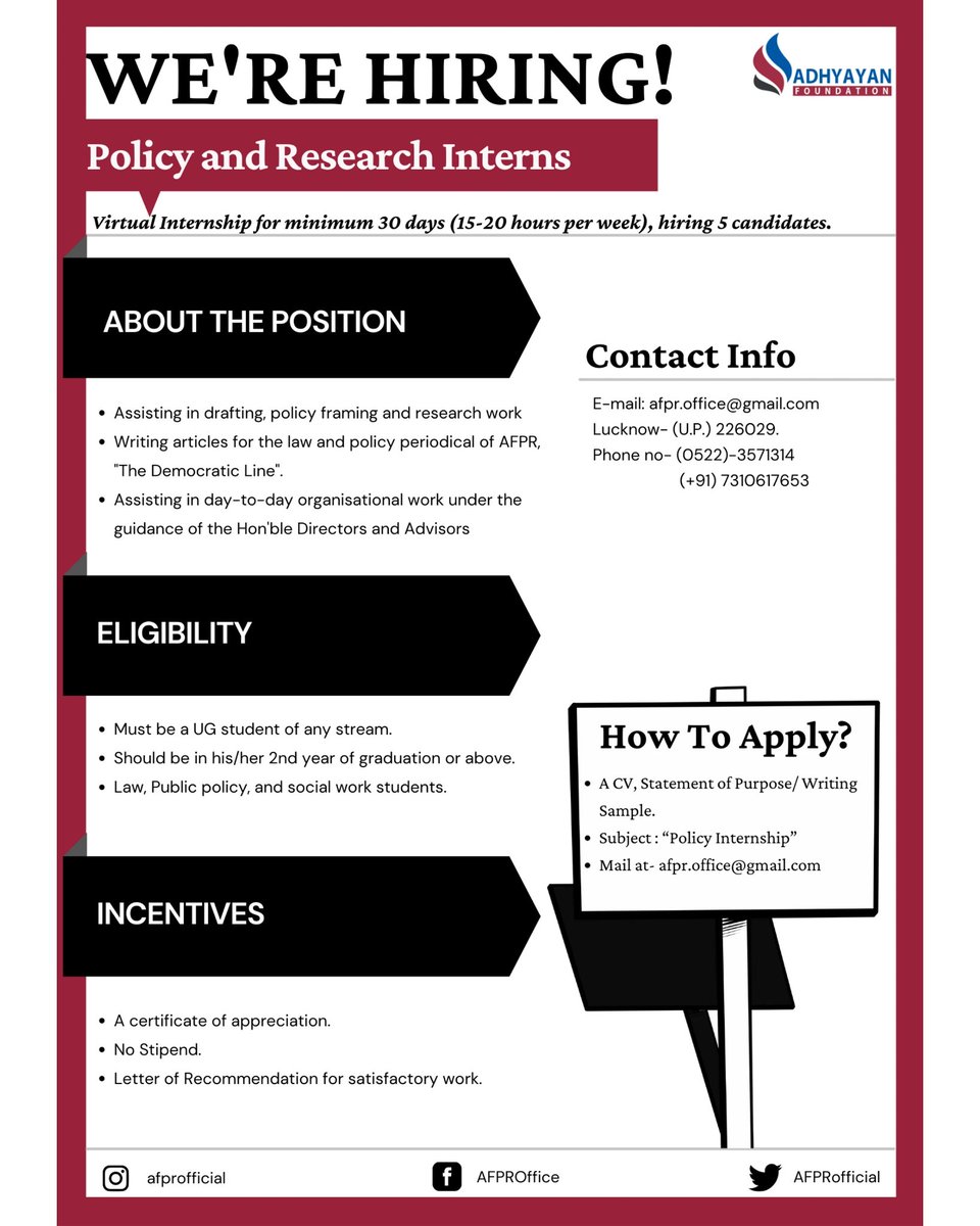 AFPRofficial's tweet photo. @AFPRofficial is inviting applications for Policy and Research Interns for the upcoming months. Refer the poster for details.

Send your Resumé along with a writing sample at afpr.office@gmail.com

#afpr #internships #opportunity #inductions #WorkFromHome #policy #research https://t.co/B2ClyX2pQB