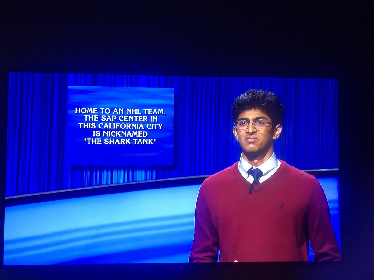 jbecher's tweet photo. Hey! ⁦@SAPCenter⁩ and ⁦@SanJoseSharks⁩ were the daily double on today’s ⁦@Jeopardy⁩ show #sjsharks #jeopardy https://t.co/jtQfgD30oZ
