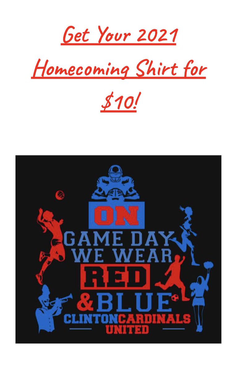 CHSCGDT's tweet photo. Starting Monday dancers will be selling Homecoming tshirts!  They are $10, and they will sell through Friday!  See a Crimson Girl to get your shirt!  @CHSCards @ClintonMoCards https://t.co/ILFfmbnMpO