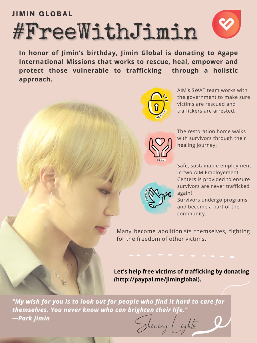 Jimin_Mexico's tweet photo. JIMIN BIRTHDAY PROYECT
Shining Lights PT 2✨
En honor al cumpleaños de Jimin, Jimin Global está donando a Agape International Missions para rescatar, sanar y empoderar a niños y jóvenes que son víctimas de trata en Camboya.
¡Únete a nosotros y dona al proyecto #FreeWithJimin! https://t.co/IFNOFHjbBt