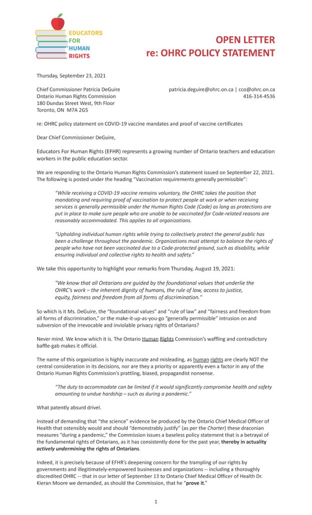 EducatorsHuman's tweet photo. OPEN LETTER to the @OntHumanRights re: POLICY STATEMENT @fordnation @Sflecce @ONThealth @ETFOeducators @OECTAProv @osstf @AEFO_ON_CA @CUPEOntario @OPSEU @otffeo @CTFFCE @CTFFCEpresident @OPSBA @OnDirEducation @OPCouncil @PrivacyPrivee @roccogalatilaw https://t.co/9Rmg8pQ1OP
