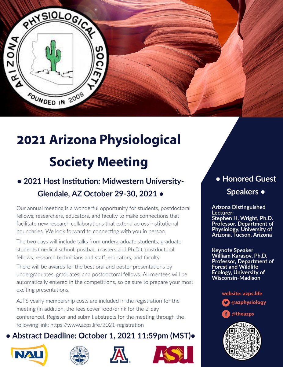 It's that time again! Please invite others that may be interested. Abstracts are due online October 1, 2021 11:59pm (MST). We look forward to seeing you there!
<a href="/MidwesternUniv/">Midwestern University</a> <a href="/uazmedphx/">UAZ Medicine - Phoenix</a> <a href="/UAZMedTucson/">UA College of Medicine – Tucson</a> @NAUResearch <a href="/asuSOLS/">ASU School of Life Sciences</a>