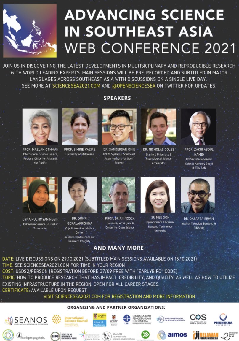 OpenScienceSEA's tweet image. New and updated poster with new speakers. Covering all topics such as lit review, data repositories, team science, science integrity, impacting policy and many more! Join us at sciencesea2021.com today! (Contact for special group pricing)