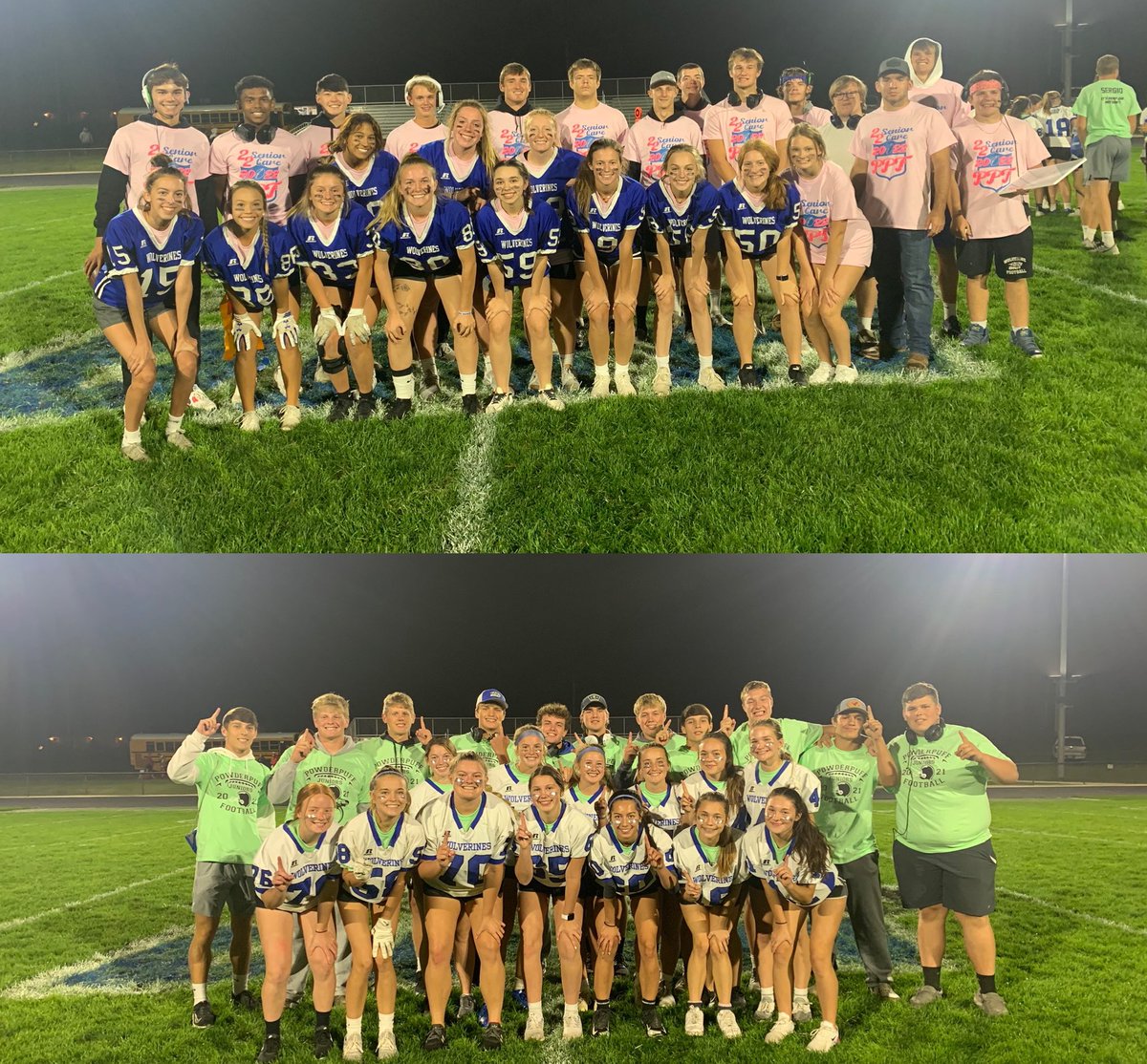 DNHSUPT's tweet photo. Powder Puff 2021 is in the books! Kids did a super job!  Seniors w two “pick six” TDs that were the difference 28-14. #rollblue https://t.co/8OIjByNoCh