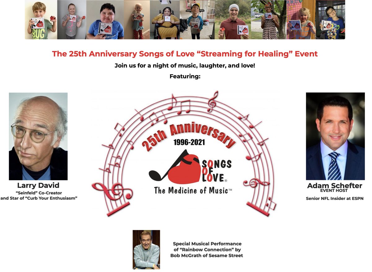 songsoflove's tweet photo. Join our Streaming for Healing virtual event featuring @SeinfeldTV co creator and @HBO #CurbYourEnthusiasm star #larrydavid with @espn's @AdamSchefter on Wednesday Sept 29th starting at 7PM eastern time. Go to https://t.co/qT0Z80DUSy to get your event and raffle tickets today! https://t.co/zKXXCHWNqe