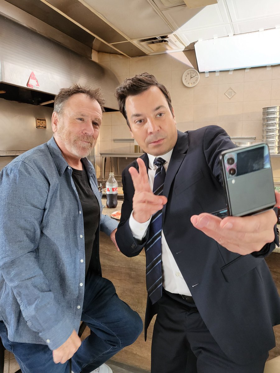 FallonTonight's tweet photo. Flexing Staten Island’s own Joe &amp; Pat’s Pizza in Flex Mode with the one and only @IamColinQuinn. Captured with @SamsungMobileUS #GalaxyZFold3 5G #ad https://t.co/OtHZrNCWmm