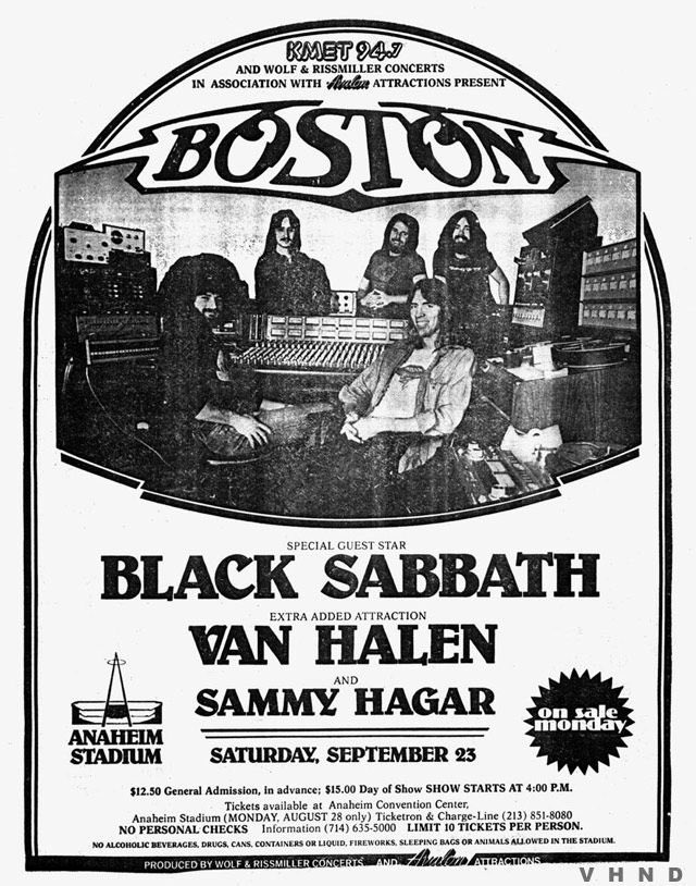 SabbathHistory's tweet photo. Sept 23rd 1978 #BlackSabbath played Anaheim Stadium in Anaheim, California. #BlackSabbathHistory #HeavyMetal #ThisDayInMetal 

Did you know…
Sammy Hagar and Van Halen opened the show.
Boston was the headliner. https://t.co/MjzXdMP5IB