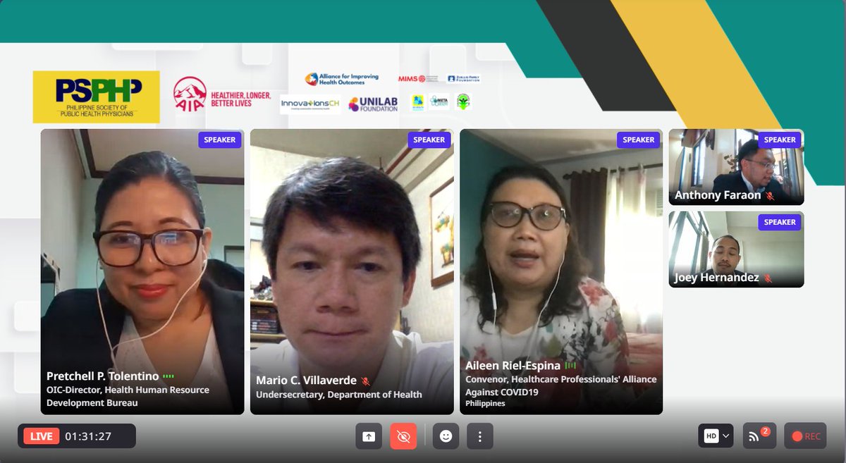 psphpofficial's tweet photo. ONGOING: Session 2 of the PHCon 2021 with Dr. Pretchell Tolentino, Dr. Aileen Espina, Dr. Lester Tan, on behalf of Usec. Mario Villaverde, and our moderators, Dr. Anthony Faraon and Dr. Joey Hernandez.
#PHCON2021 #PublicHealth #PSPHP https://t.co/kyYNujexG3