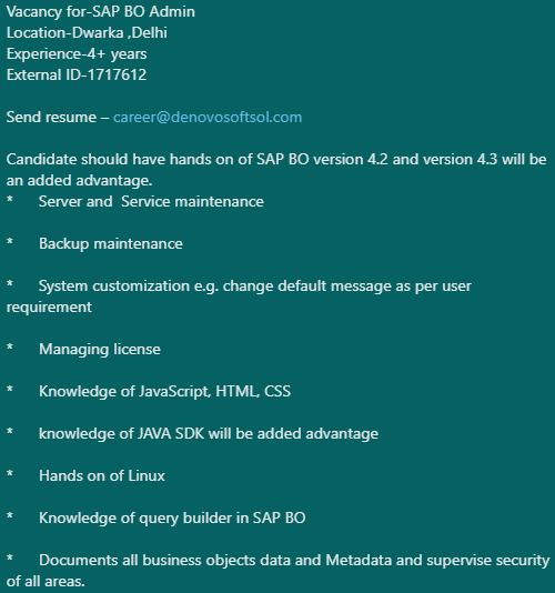 denovosoftsol's tweet photo. #denovojobs #denovo
Vacancy for-SAP BO Admin
Location-Dwarka ,Delhi
Experience-4+ years
External ID-1717612
Send resume – career@denovosoftsol.com
#JavaScript #HTML #CSS #saphiring #sapjob #CMS #SQLserver #sapbusinessobject #linux #java #BIPlatform #sapboadmin https://t.co/6eIqxCivtP