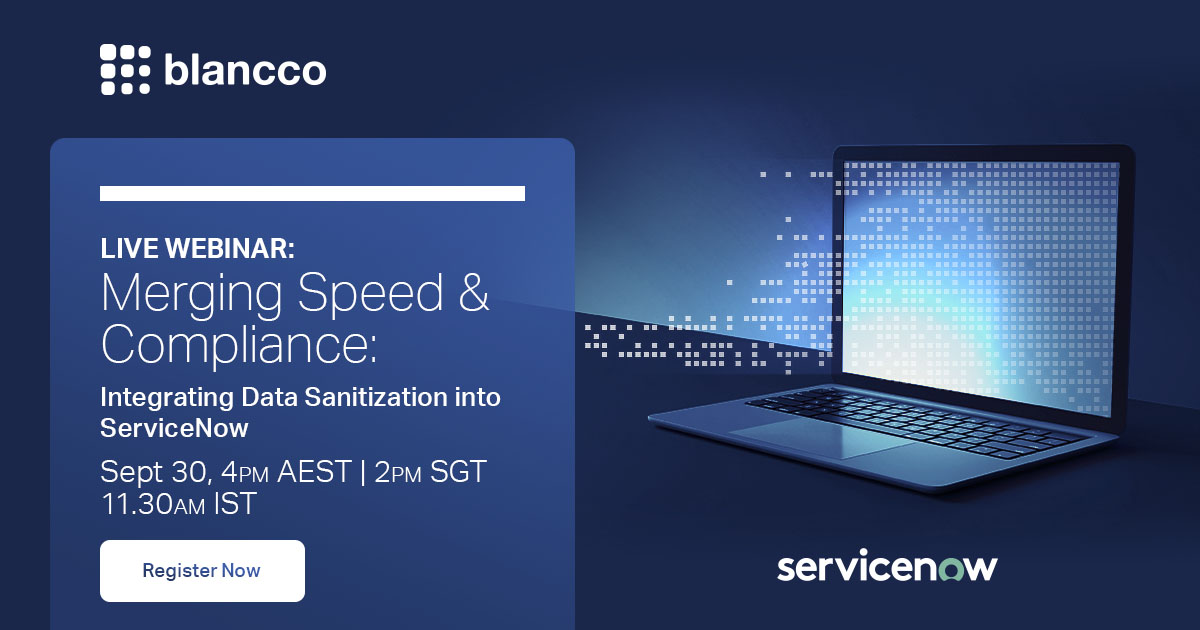 BlanccoTech's tweet photo. Don't forget to join our upcoming #ServiceNow webinar next week! Learn how integrating automated erasure workflows within #ServiceNow results in efficiency and data protection assurance. https://t.co/1wCQgRU3hg #BSDE #DataErasure https://t.co/QP3DlzcqFo